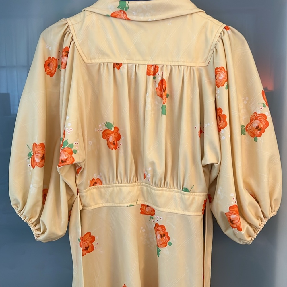 Vtg 60s 70s Mod Yellow Floral Dress Dagger Collar Puff Sleeve - Picture 7 of 10